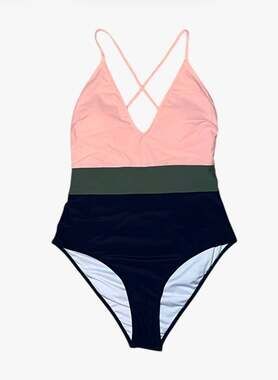Cupshe Colorblock V-Neck One Piece Swimsuit Pink Green Navy Size L